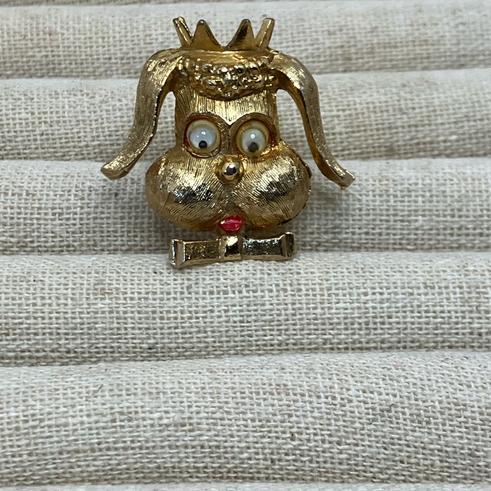 Vintage Googly Eye Poodle Brooch GoldTone Dog Pin Wears Crown Bow Tie 1.25"